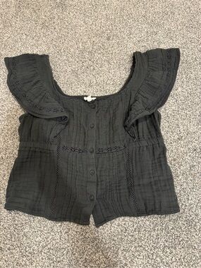 aerie Black Button-Front Ruffle Sleeve Top